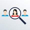 Customer target and human resources concept. Magnifier with male and female faces  icons. People searching with magnifying glass. Royalty Free Stock Photo